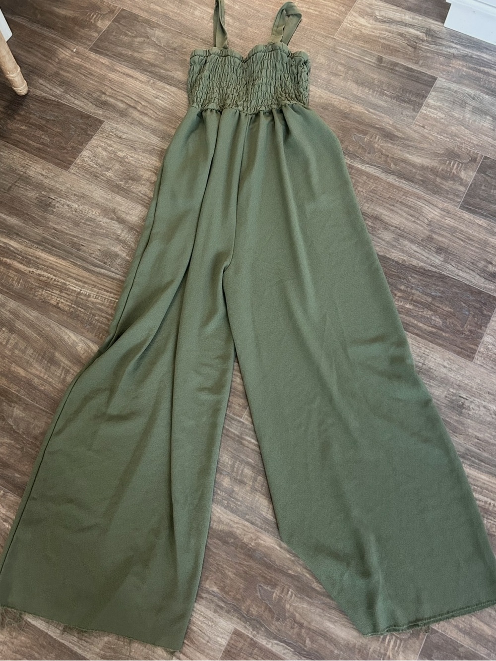 Zenana Outfitters Olive Smocked Wide-Leg Jumpsuit